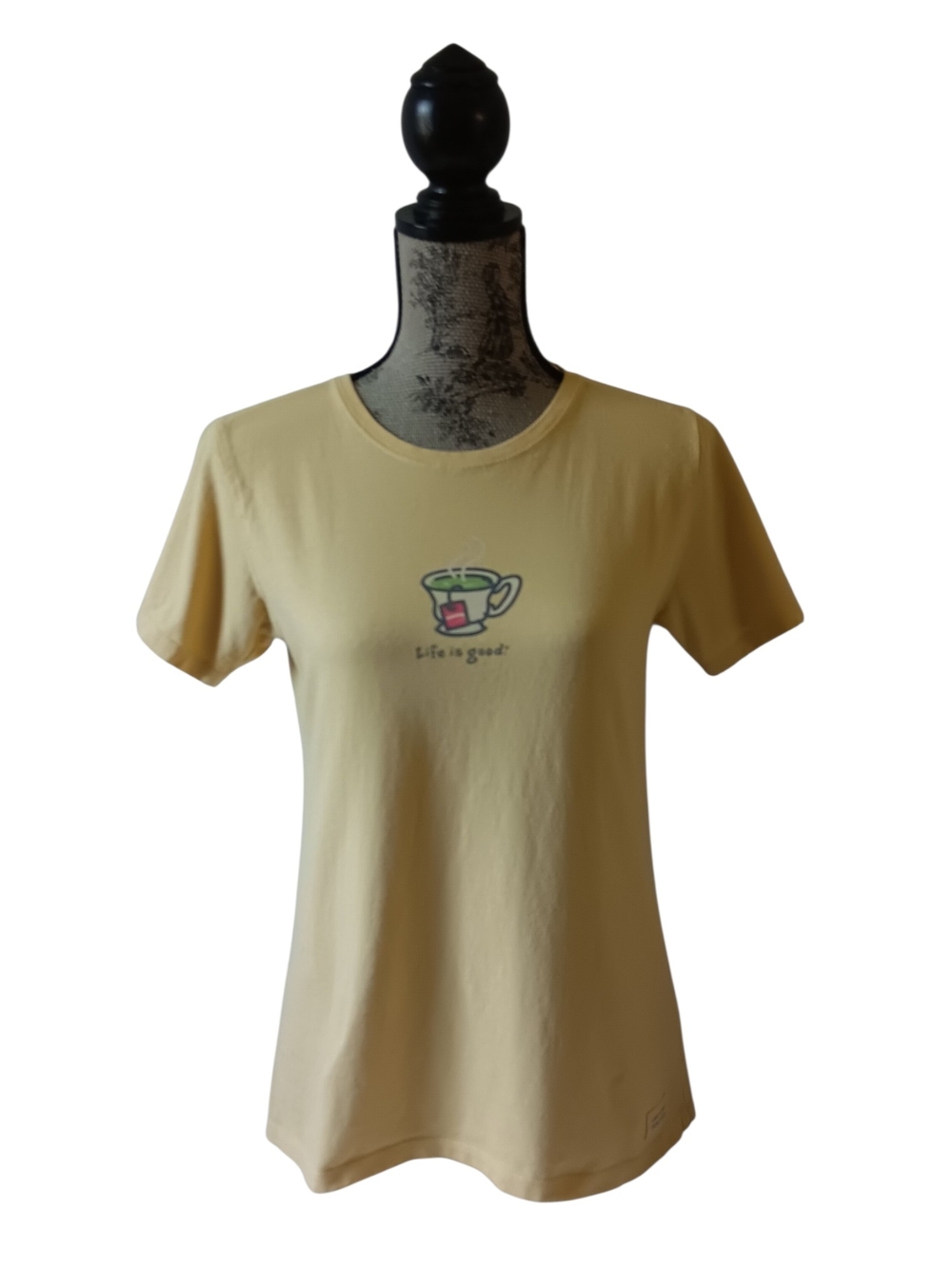 Life is good women's yellow short-sleeve t-shirt with tea cup graphic size S